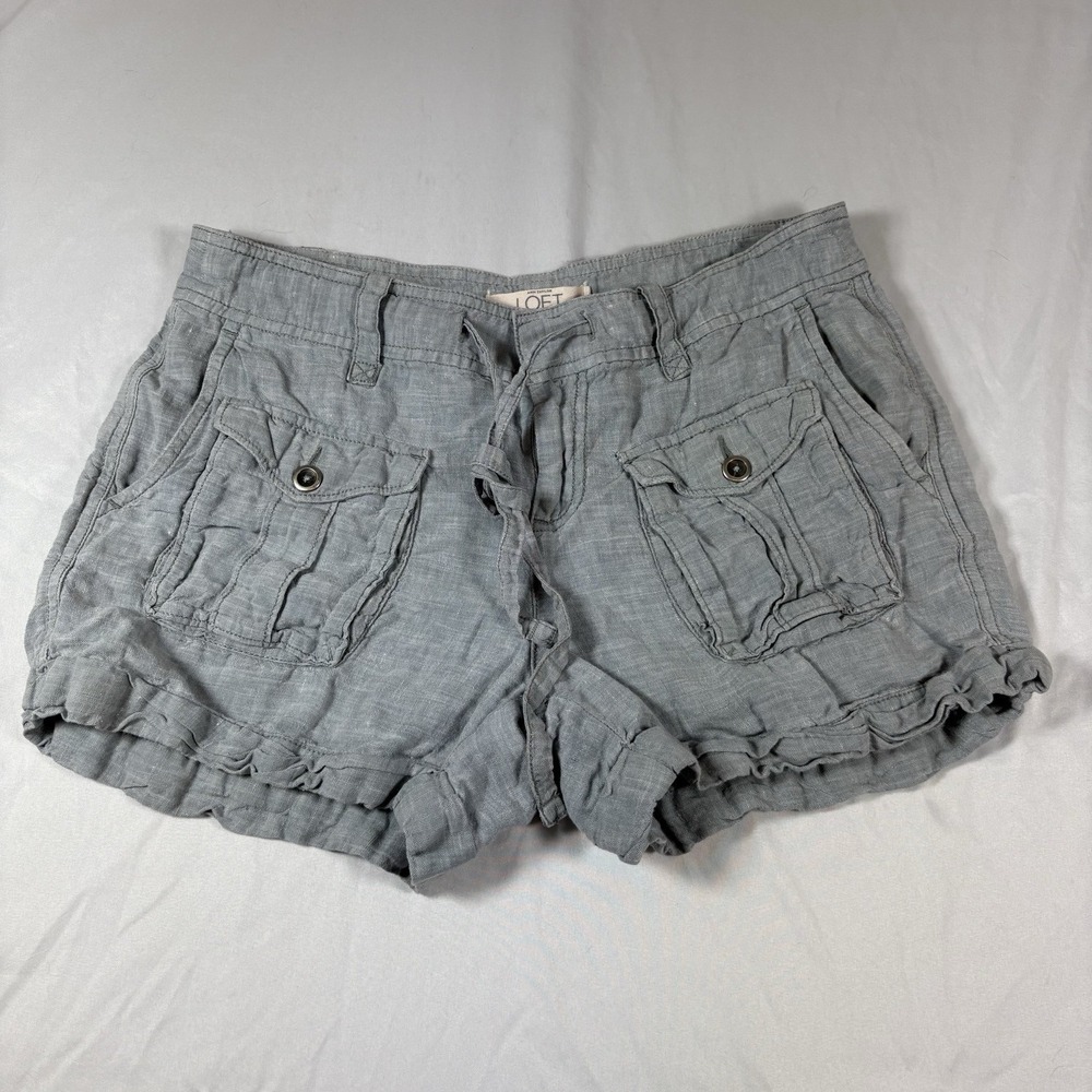 Ann Taylor Loft Gray Chambray Button Pockets 100% Linen Sz 4 Drawstring Shorts